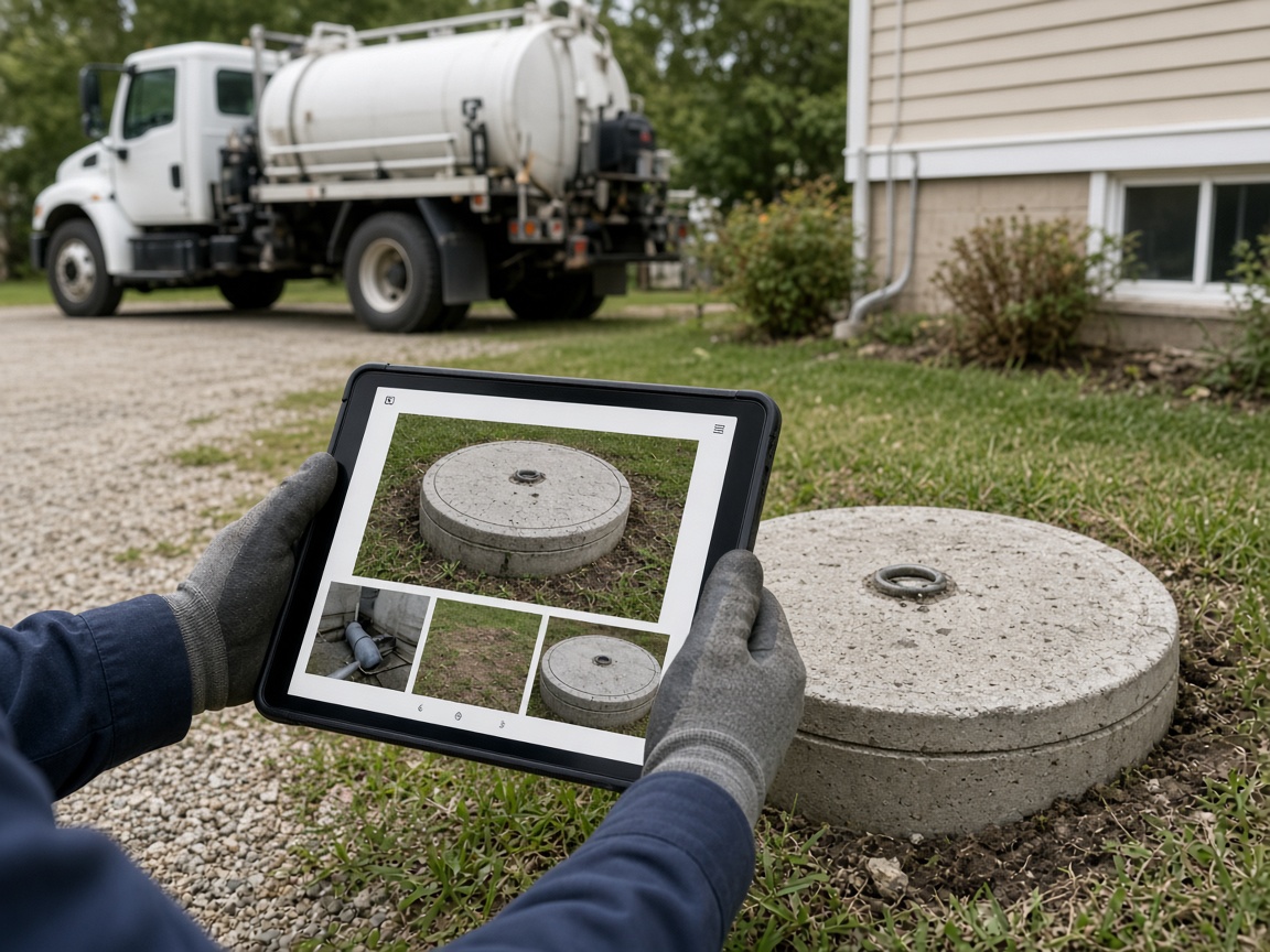 Septic service photo report open on a tablet beside a residential tank lid