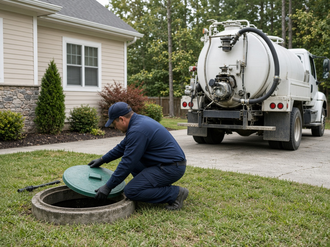 Septic service truck and technician opening a residential tank lid for a scheduled pump-out