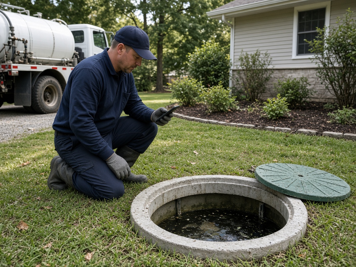 Septic technician inspecting a tank access lid and recording site notes on a phone