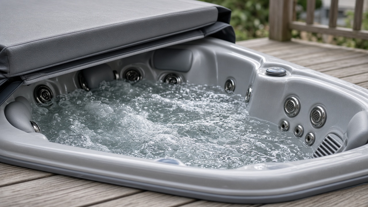 Jacuzzi abierto con agua clara y cubierta plegada en un deck
