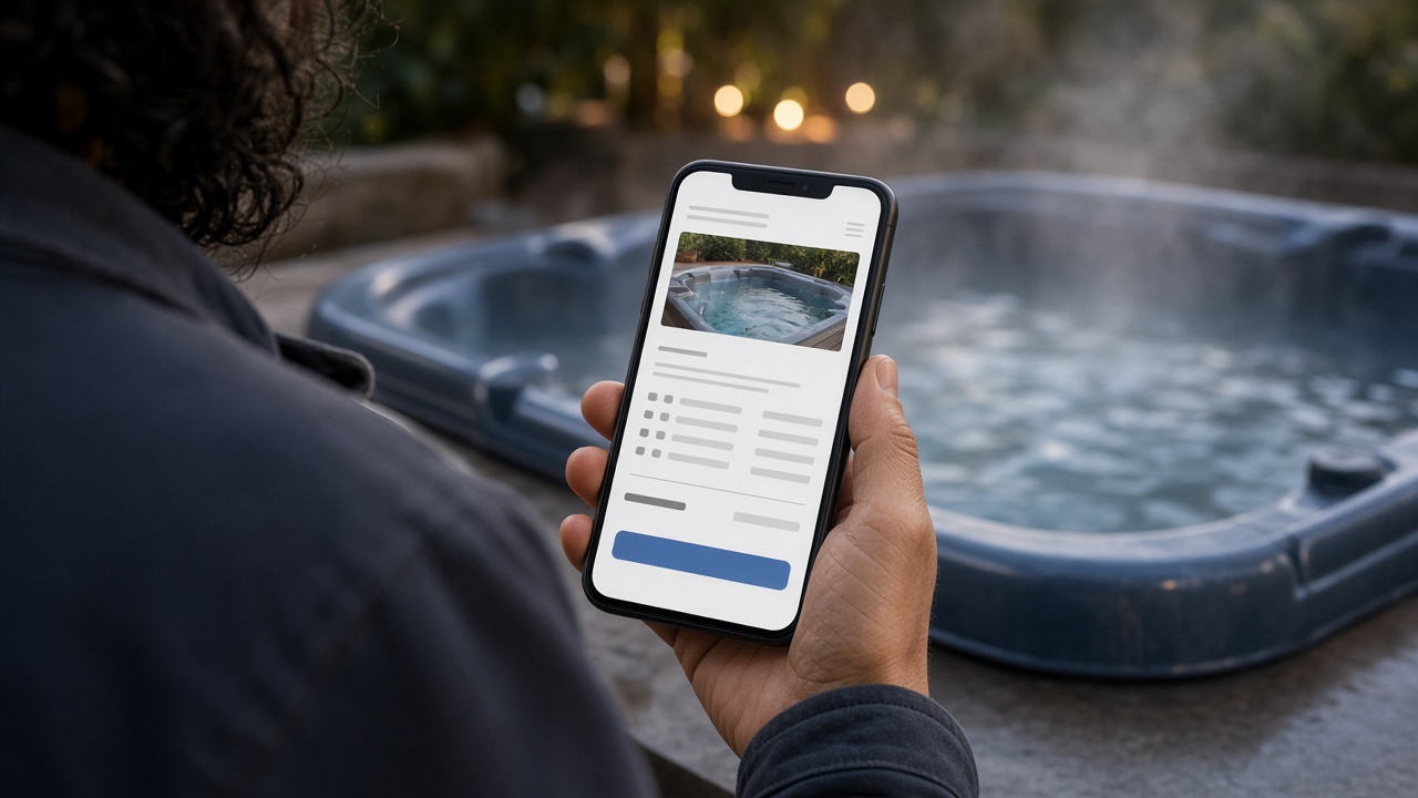 Técnico con factura en el teléfono junto a un jacuzzi después del servicio