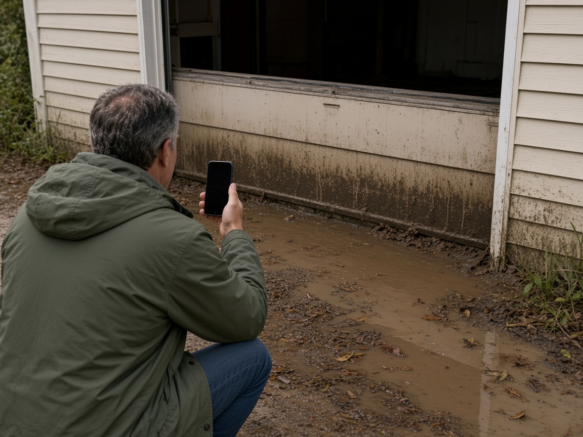 Un hombre agachado fotografiando agua lodosa y una línea de agua en la pared de un garaje