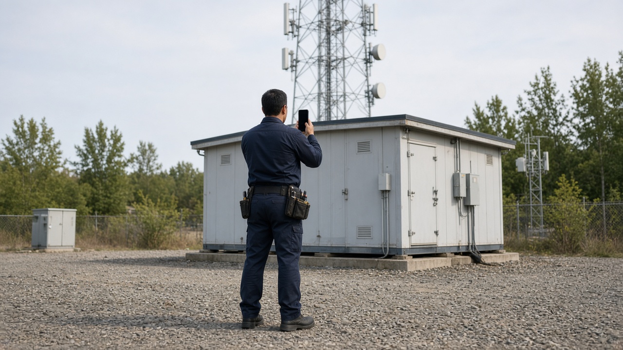 Un técnico en el suelo fotografiando un shelter de equipo telecom, con una torre a lo lejos