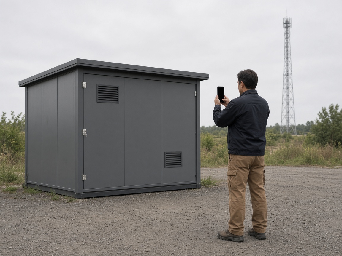 Un técnico en el suelo fotografiando un shelter de equipo cerrado