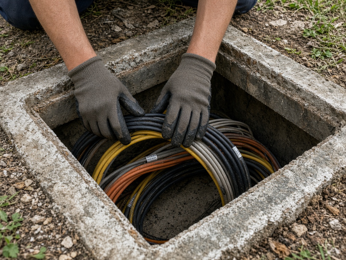 Manos en una caja de registro abierta en el suelo con cables de fibra