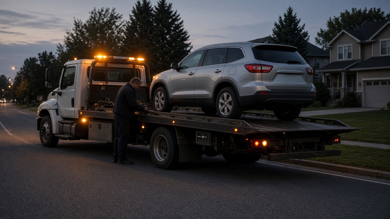 Grúa de plataforma cargando un SUV averiado en una calle residencial