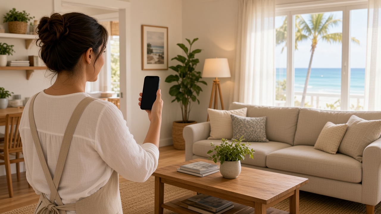 Una limpiadora fotografiando la sala de una casa de playa antes del siguiente huésped