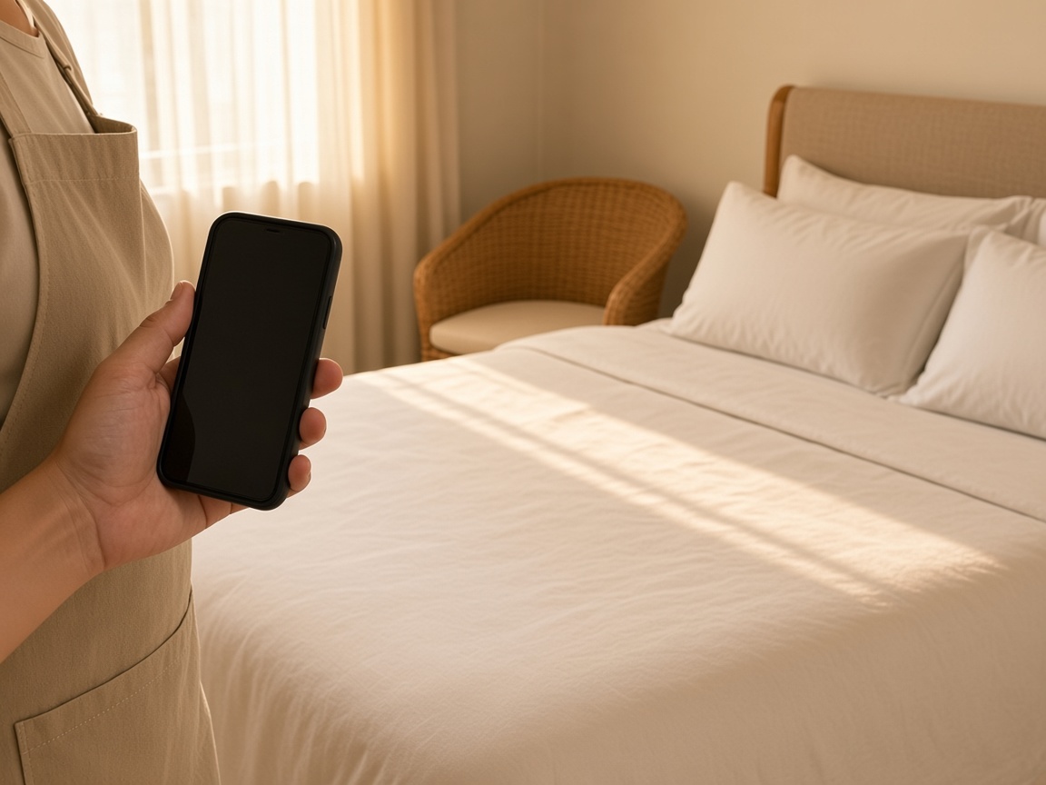 Una limpiadora fotografiando una cama recién tendida en un alquiler vacacional
