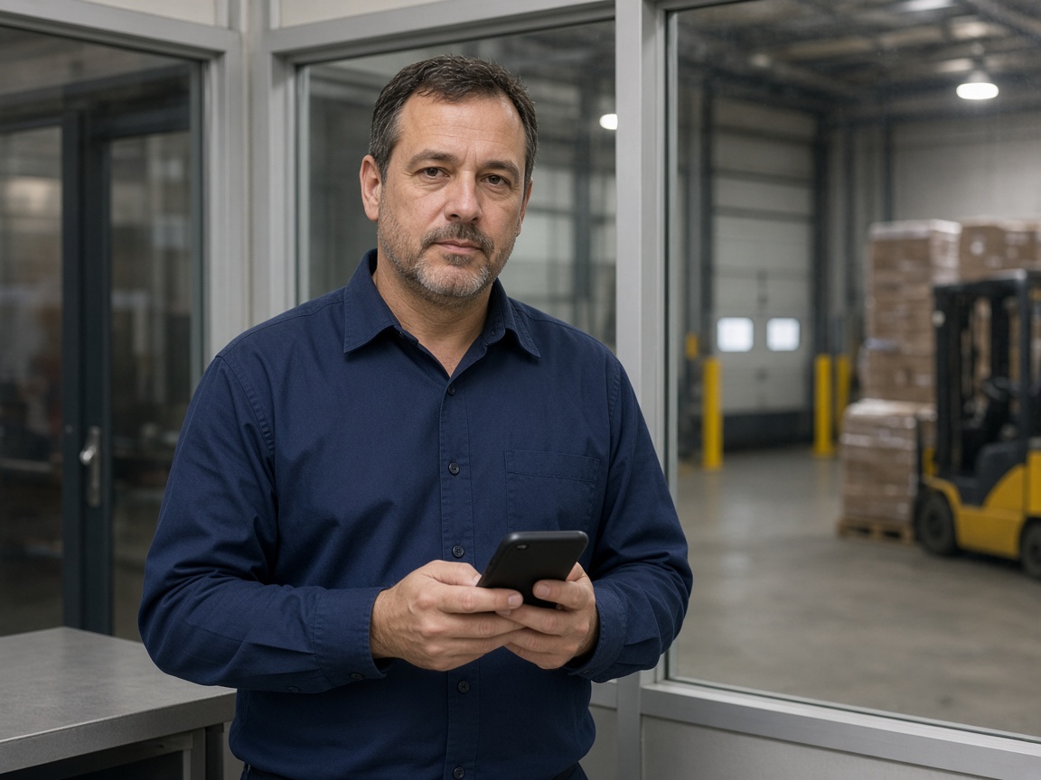 Un supervisor en la oficina del muelle sosteniendo un teléfono con el almacén detrás del vidrio