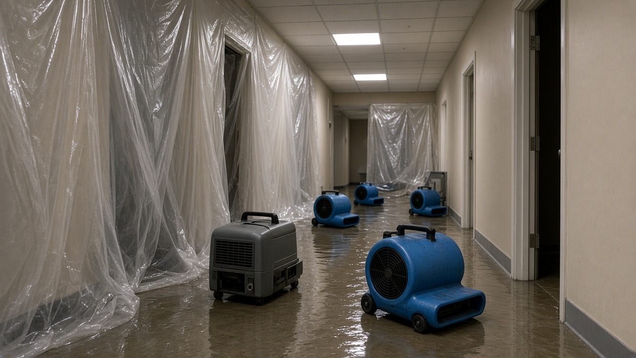 Air movers and dehumidifiers drying a hallway