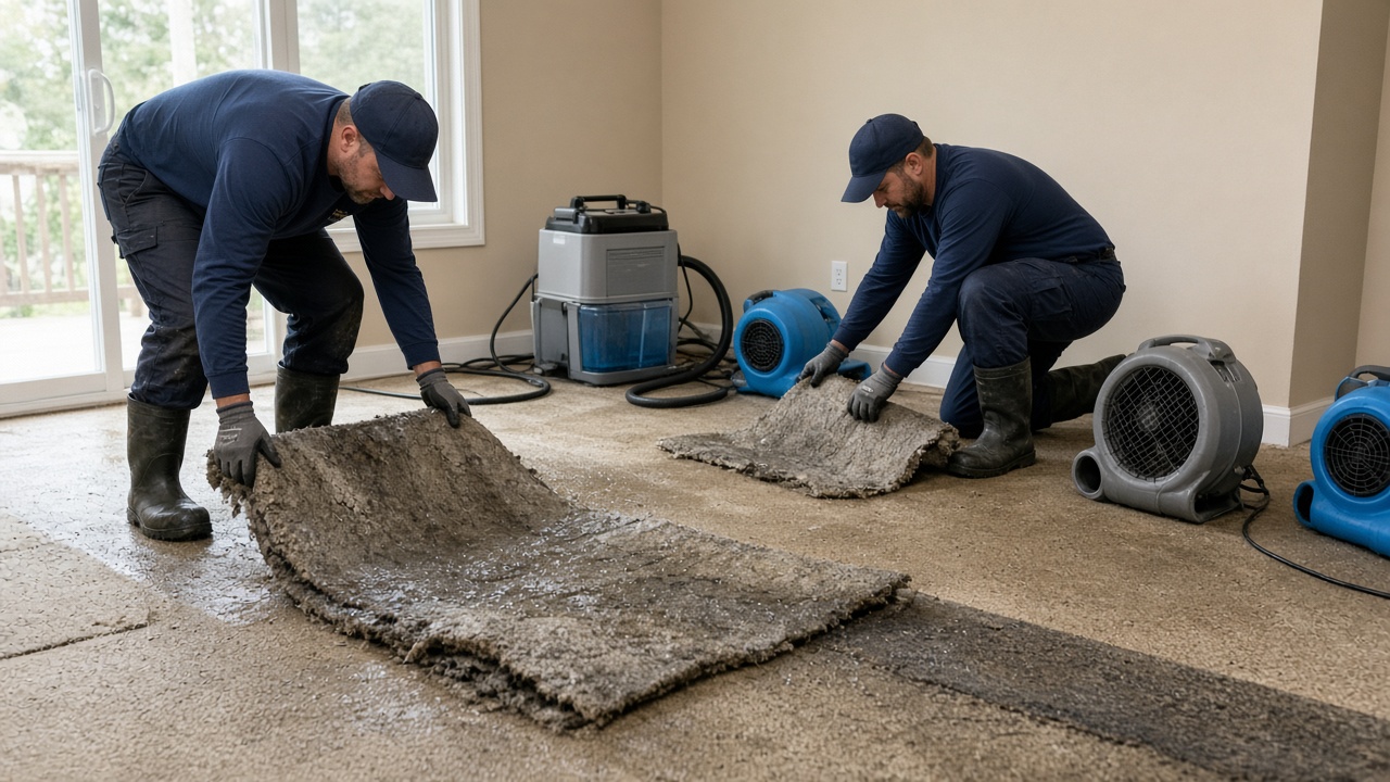 Crew removing wet materials after a water loss