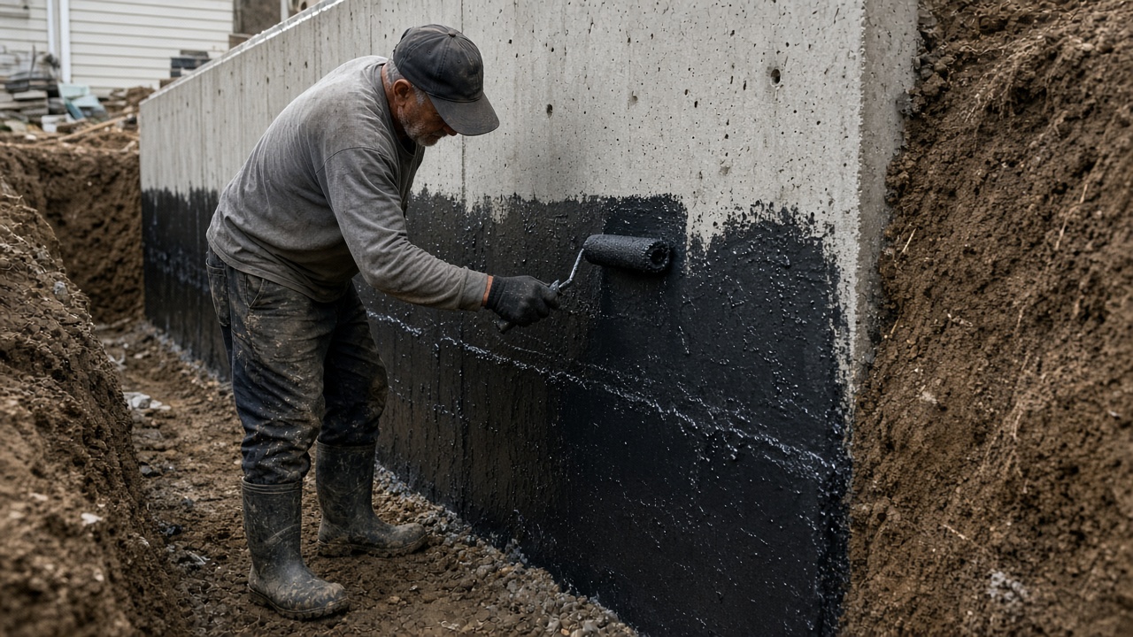Trabajador aplicando membrana negra de impermeabilización a sótano exterior