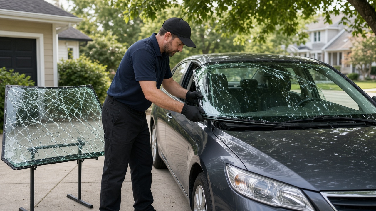 Auto glass technician installing a windshield on a sedan