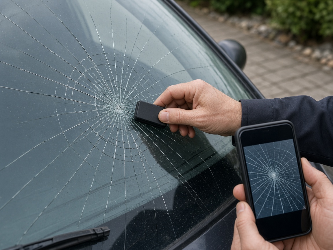 Cracked windshield being documented for a repair quote